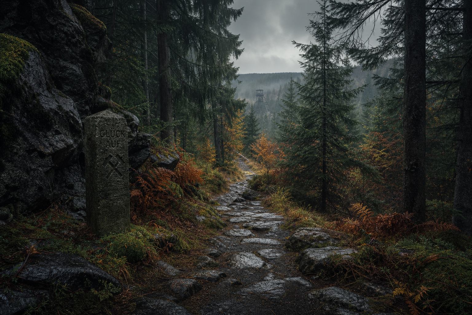 Dunkler Harzwald mit herbstlichem Licht und Weg