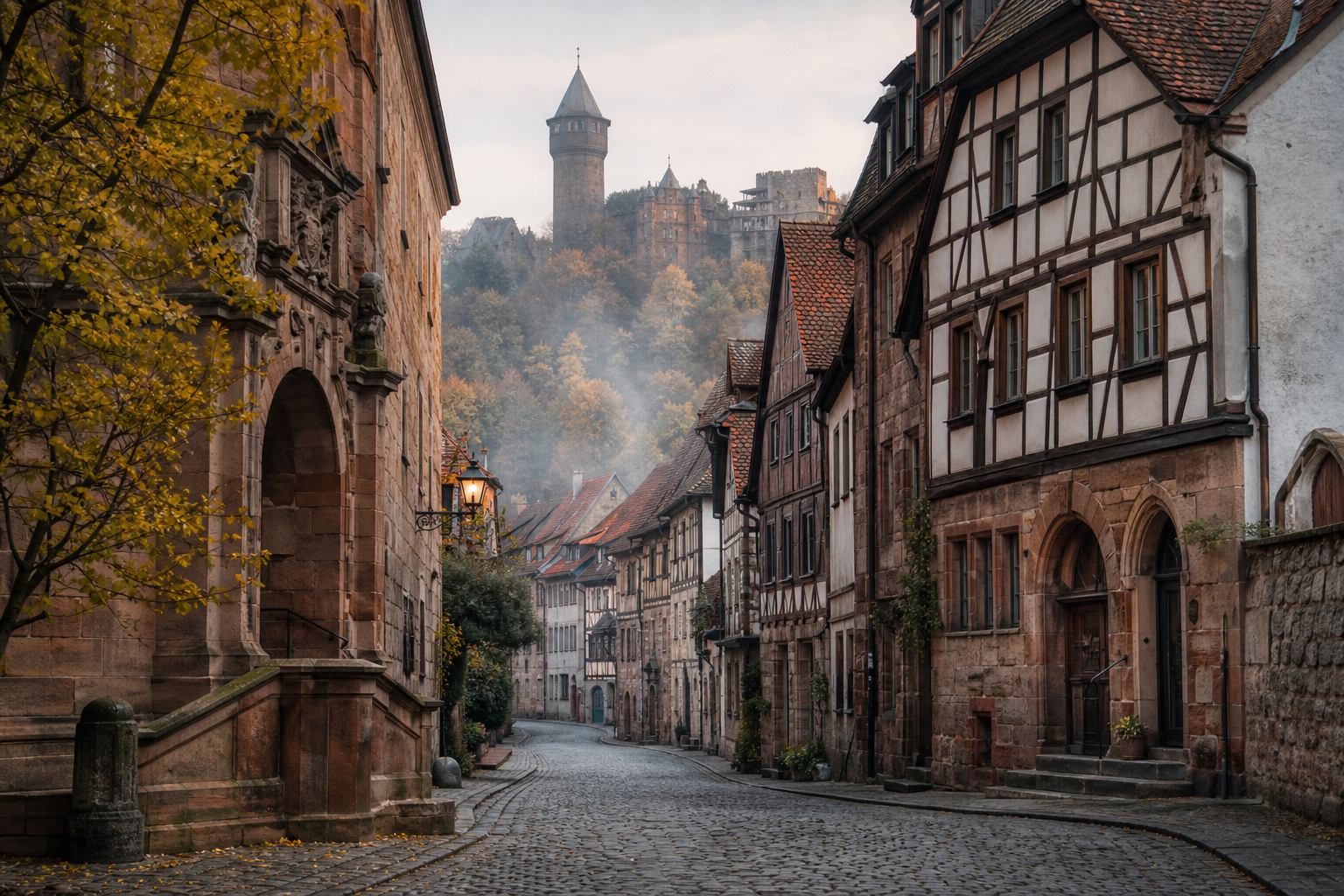 Historische deutsche Altstadt mit Sandsteinfassaden und Türmen